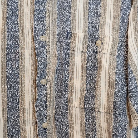 Vintage Bugle Boy Company Collarless Button Up Shirt Blue Tan Stripes XL - Picture 2 of 12